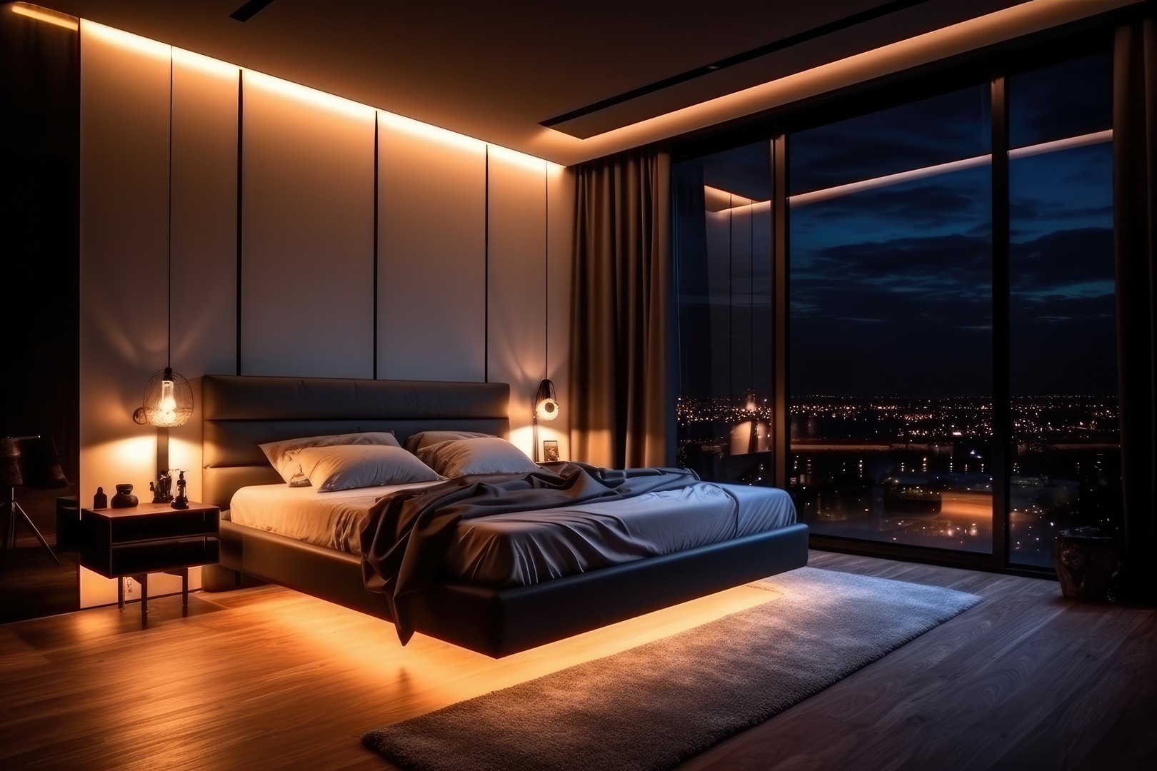 Modern hotel bedroom with a floating bed illuminated from below, warm ambient lighting, and a large floor-to-ceiling window offering a city night view.