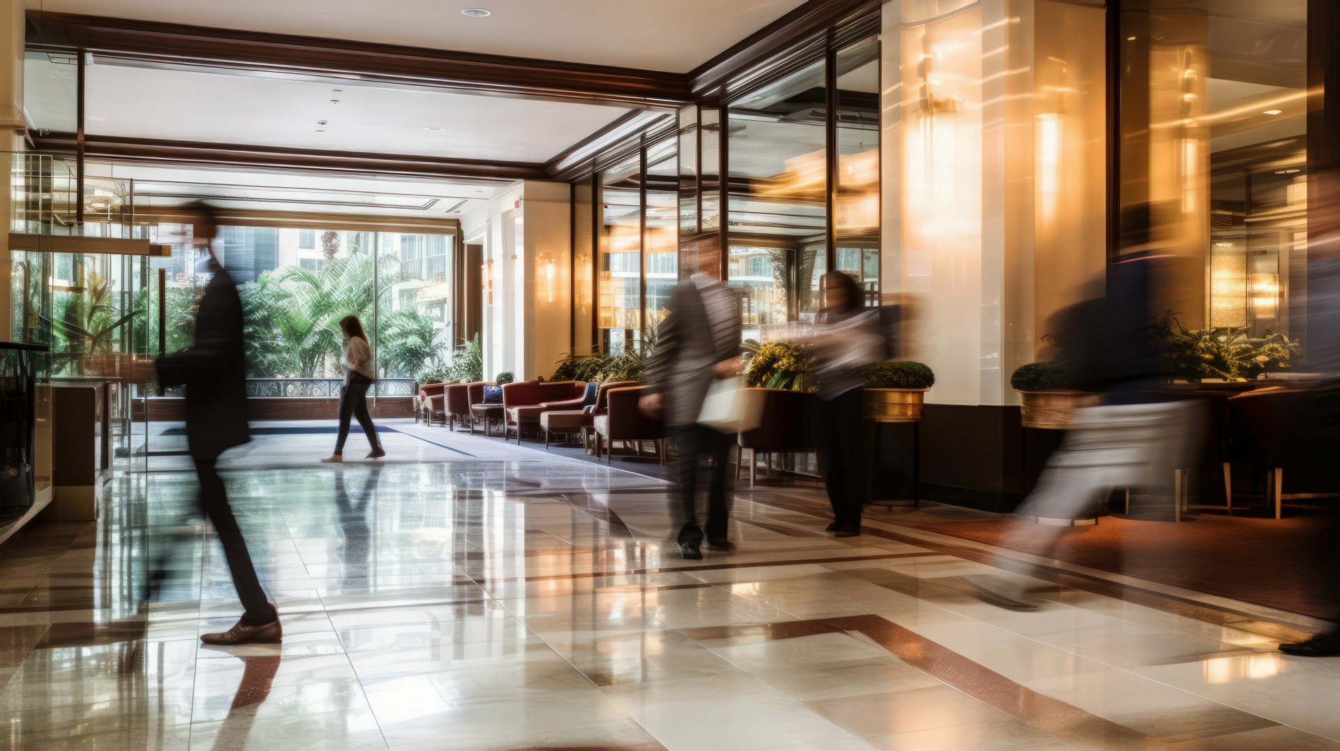 A modern office lobby with people walking, featuring polished marble floors, large glass windows, indoor plants, and a seating area.